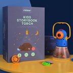 Kids Story Projector Lantern with its yellow handle raised, illuminated base, story discs and purple packaging.