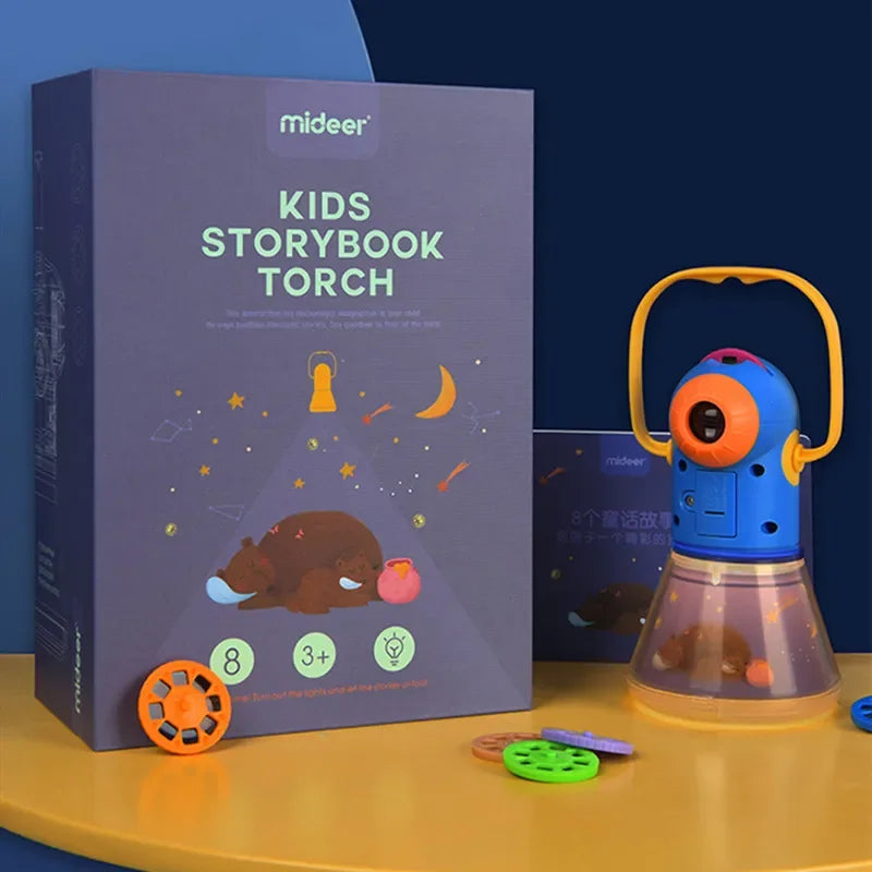 Kids Story Projector Lantern with its yellow handle raised, illuminated base, story discs and purple packaging.