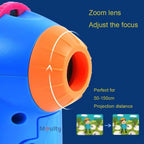 Kids Story Projector Lantern orange focus ring with rotation arrows and a 50–150 cm projection-distance guide.