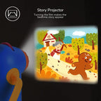 Kids Story Projector Lantern side view projecting an illustrated gingerbread story scene onto a wall.