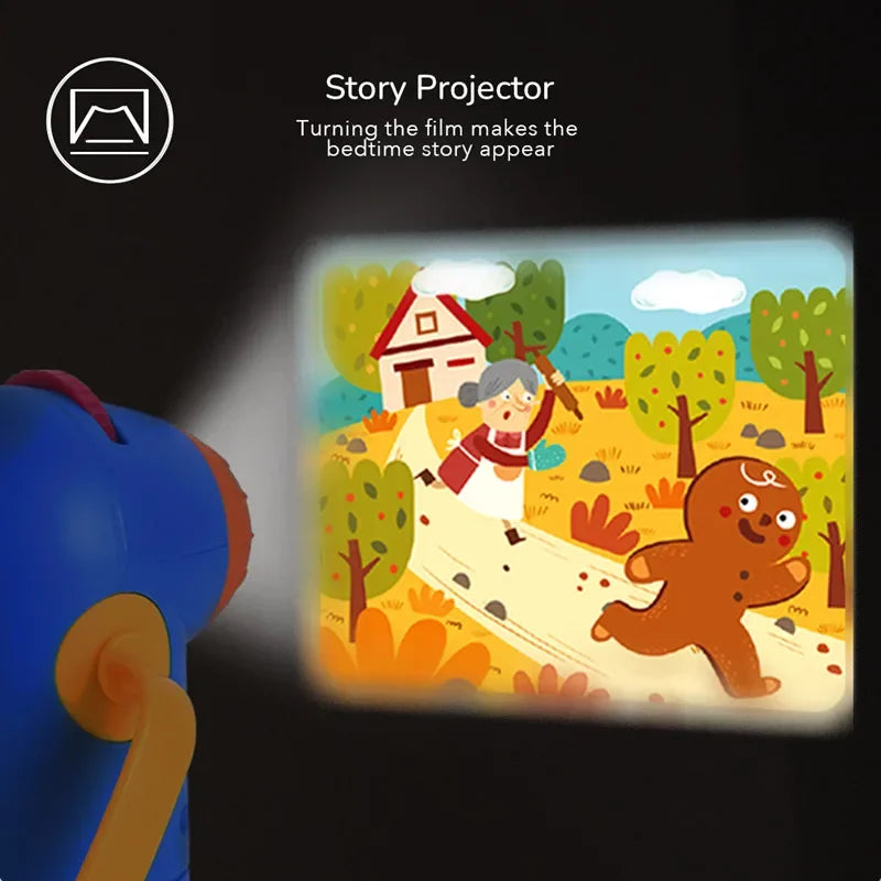 Kids Story Projector Lantern side view projecting an illustrated gingerbread story scene onto a wall.