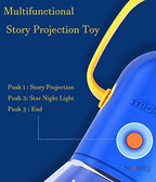 Kids Story Projector Lantern orange side button with a supplier guide for story projection, star light and off.