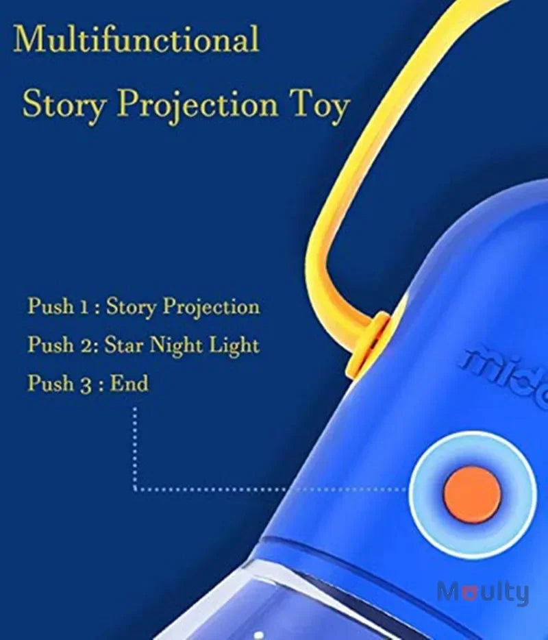 Kids Story Projector Lantern orange side button with a supplier guide for story projection, star light and off.
