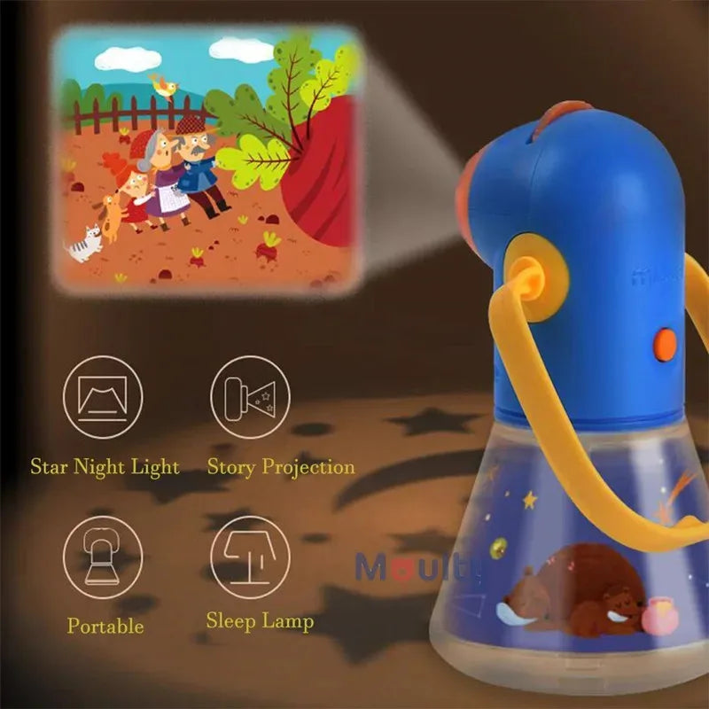 Kids Story Projector Lantern projecting a fairy-tale scene beside story, star light and portable-light icons.