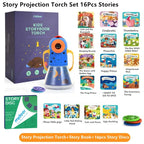 Kids Story Projector Lantern supplier graphic advertising 16 stories, with an extra story-disc pack.