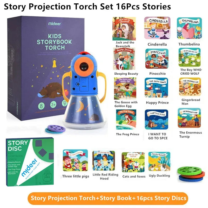 Kids Story Projector Lantern supplier graphic advertising 16 stories, with an extra story-disc pack.