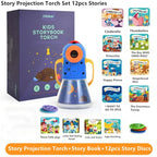 Kids Story Projector Lantern supplier set graphic showing twelve story illustrations, packaging and discs.
