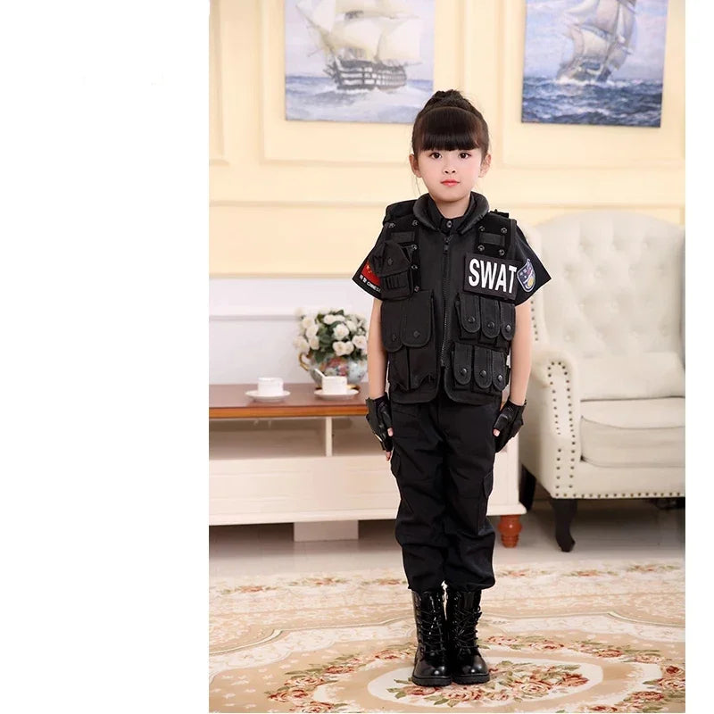 Kids SWAT Tactical Vest front costume portrait with black trousers and boots shown for styling