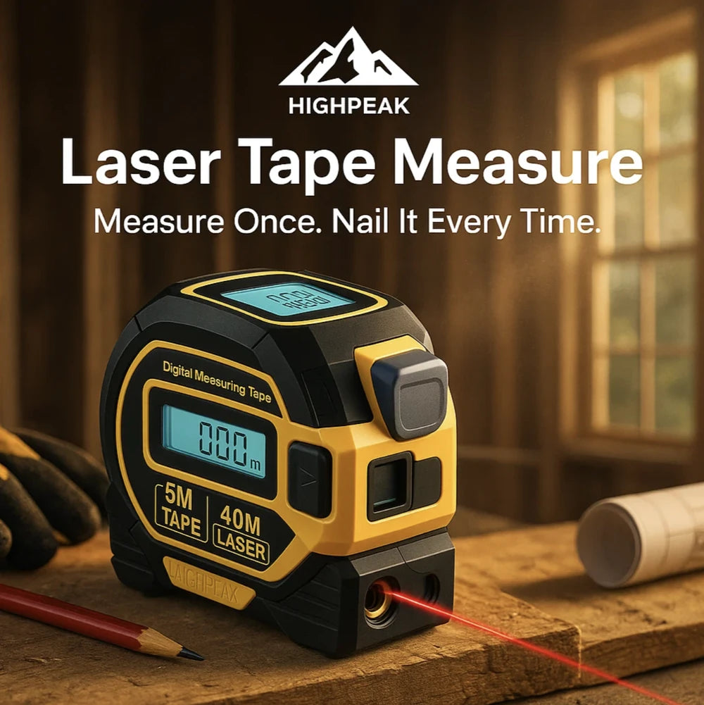 HighPeak Laser Tape Measure in black and yellow with laser and tape features on wooden surface for precise measuring.