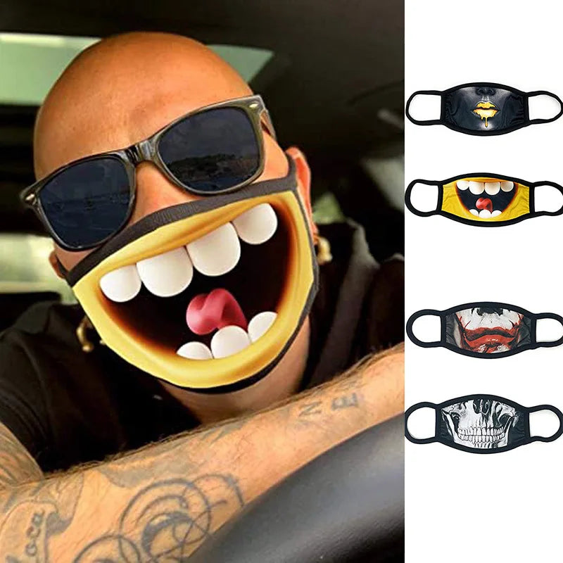 Laughing Mouth Face Mask worn beside a supplier collage showing the yellow grin and three other mask prints.