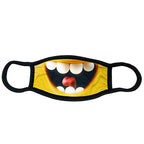 Laughing Mouth Face Mask laid flat with a yellow mouth print, black trim, and two black ear loops.