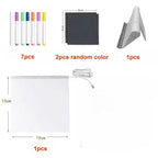 LED Acrylic Writing Board 15 × 15 cm kit with seven pens, two cleaning cloths, USB cable, and stand