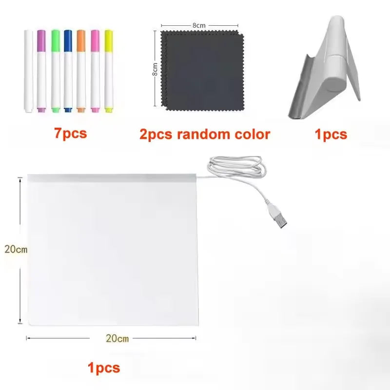 LED Acrylic Writing Board 20 × 20 cm square kit with pens, cleaning cloths, USB cable, and stand