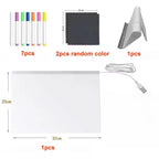 LED Acrylic Writing Board 20 × 30 cm rectangular kit with seven pens, two cloths, and stand