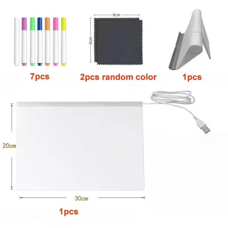 LED Acrylic Writing Board 20 × 30 cm rectangular kit with seven pens, two cloths, and stand