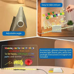 LED Acrylic Writing Board collage showing the adjustable stand, Christmas artwork, and display setup