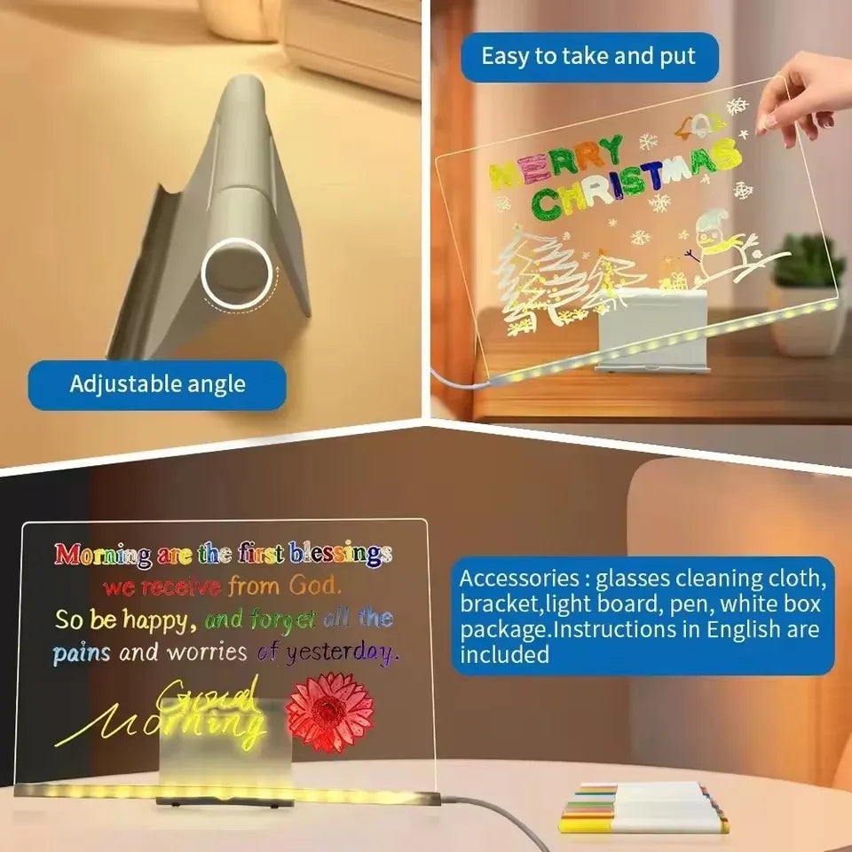 LED Acrylic Writing Board collage showing the adjustable stand, Christmas artwork, and display setup