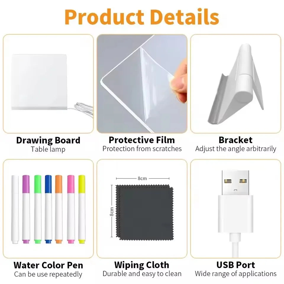 LED Acrylic Writing Board component guide showing protective film, stand, pens, cleaning cloth, and USB plug