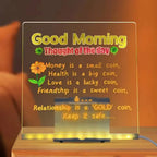 LED Acrylic Writing Board on a stand displaying a colorful Good Morning message and flower drawing