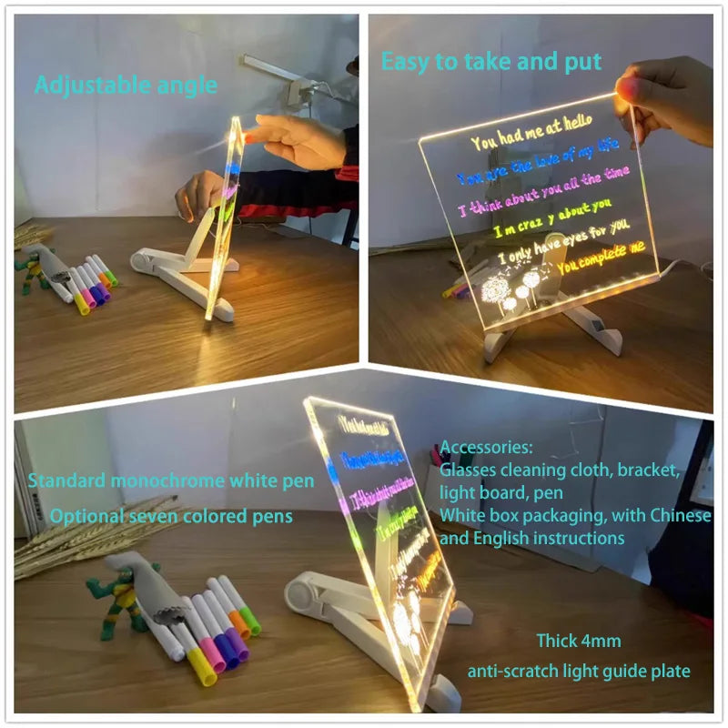 LED Acrylic Writing Board collage demonstrating stand angle adjustment, lifting the panel, and handwritten messages