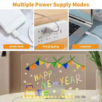 LED Acrylic Writing Board USB power examples using a power bank, adapter, and laptop, with New Year art