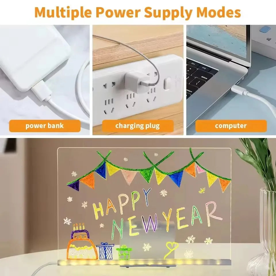 LED Acrylic Writing Board USB power examples using a power bank, adapter, and laptop, with New Year art