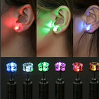 LED Color Changing Earrings shown glowing red, green, and blue while worn, with multiple light colors below