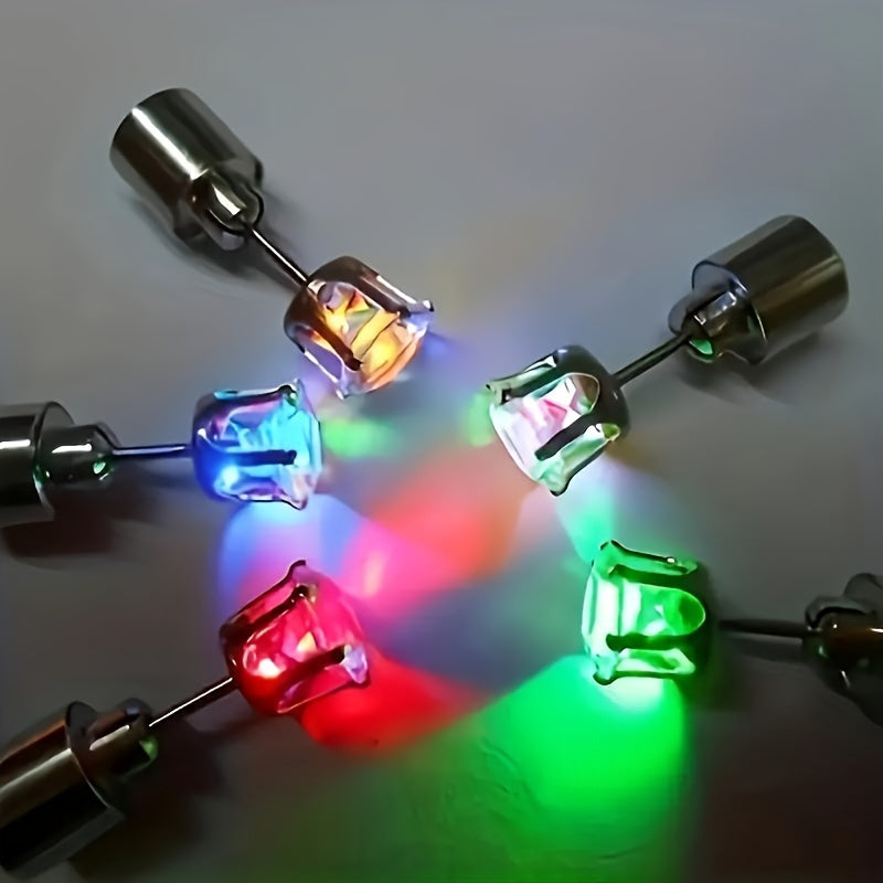 LED Color Changing Earrings close-up showing multiple studs glowing red, green, blue, and white