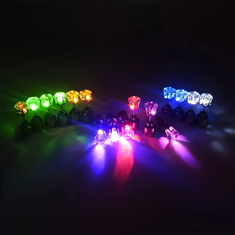 LED Color Changing Earrings arranged in a multicolor glowing display with red, green, blue, and purple lights