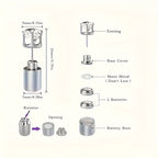 LED Color Changing Earrings size and parts guide showing stud, base cover, button batteries, and battery base