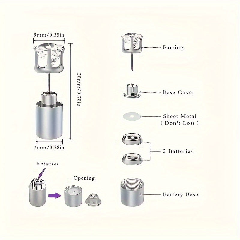 LED Color Changing Earrings size and parts guide showing stud, base cover, button batteries, and battery base
