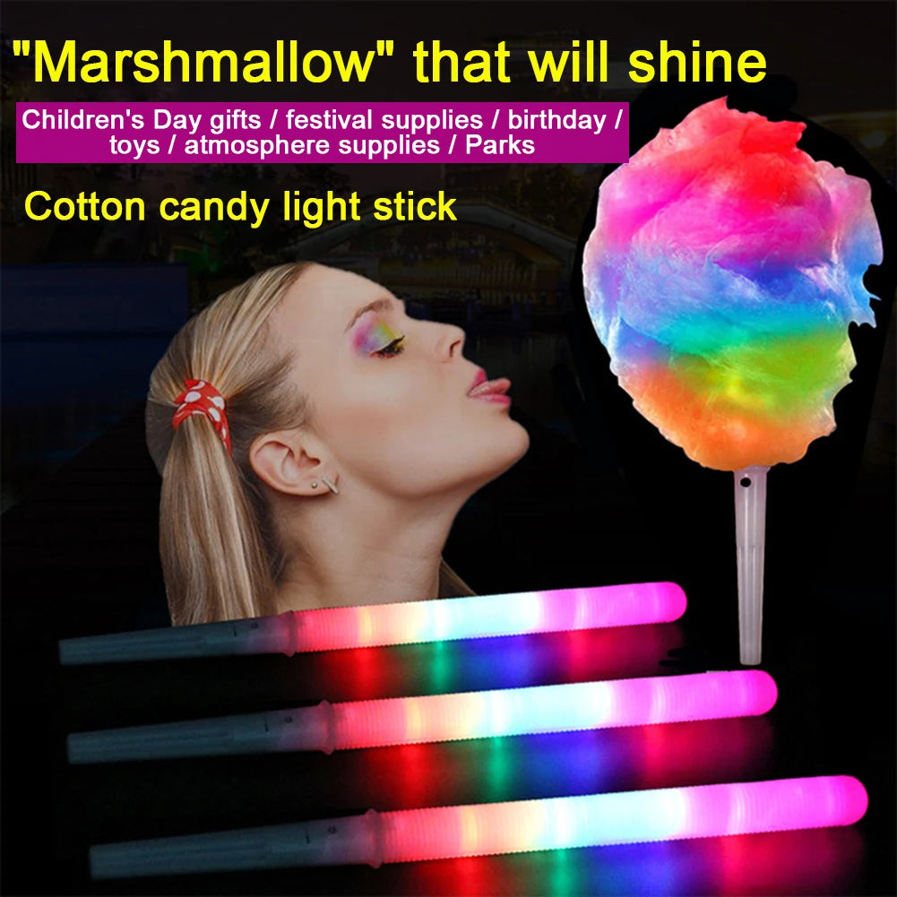 LED Cotton Candy Sticks promotional collage with three glowing sticks, a woman and illuminated cotton candy.