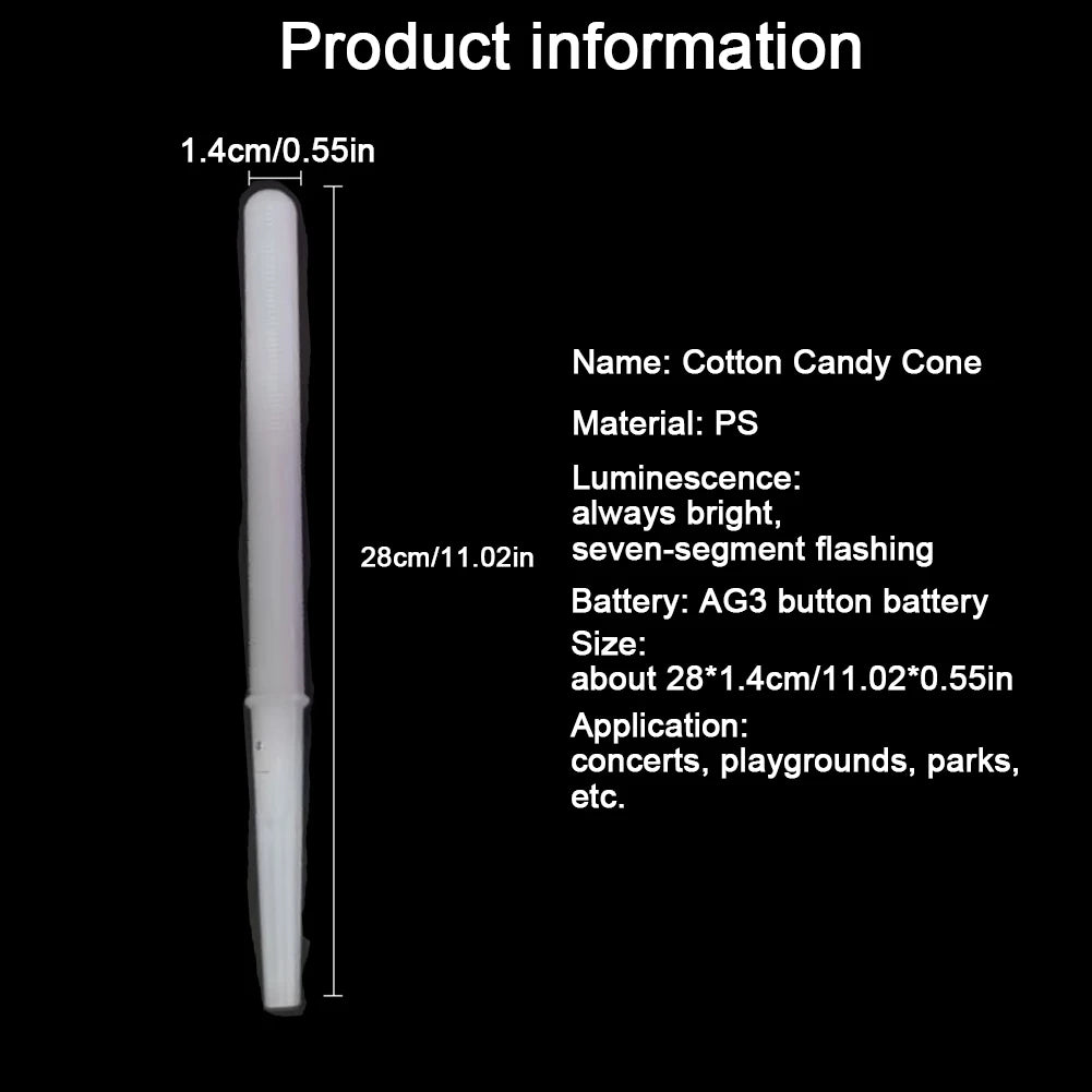 LED Cotton Candy Sticks size guide showing a full-length white ribbed stick with measurement arrows.