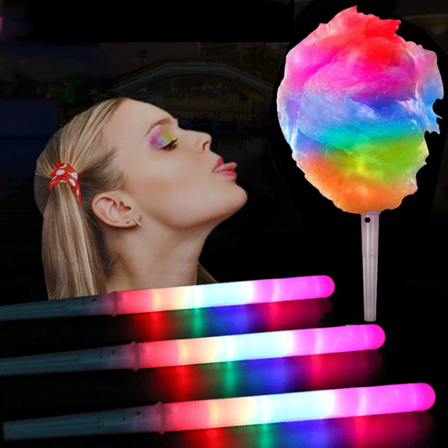 LED Cotton Candy Sticks glowing horizontally beneath a collage of a woman and rainbow-lit cotton candy.