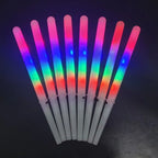 LED Cotton Candy Sticks spread in a fan with red, blue and green light bands and white handles.