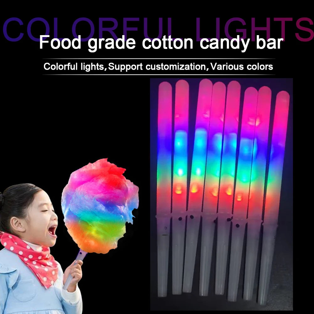 LED Cotton Candy Sticks grouped upright beside a child holding rainbow-lit cotton candy in a product collage.