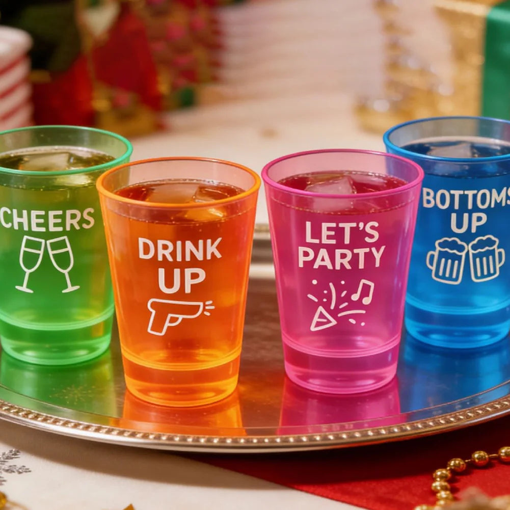 LED Flashing Shot Glasses filled with drinks on a silver tray in a festive holiday table setting