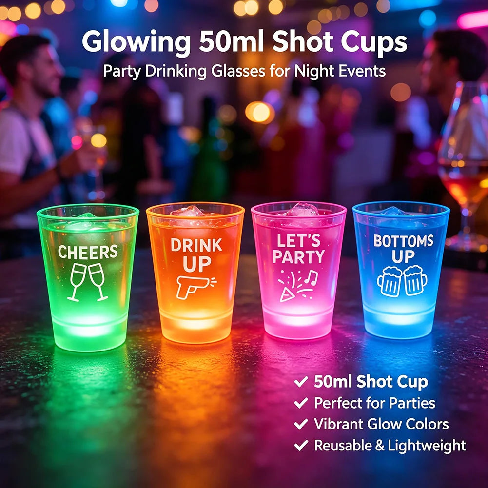 LED Flashing Shot Glasses glowing on a party counter with green, orange, pink, and blue cups