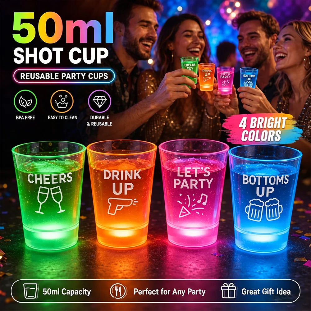 LED Flashing Shot Glasses glowing in four colors with party guests and a 50 mL capacity graphic