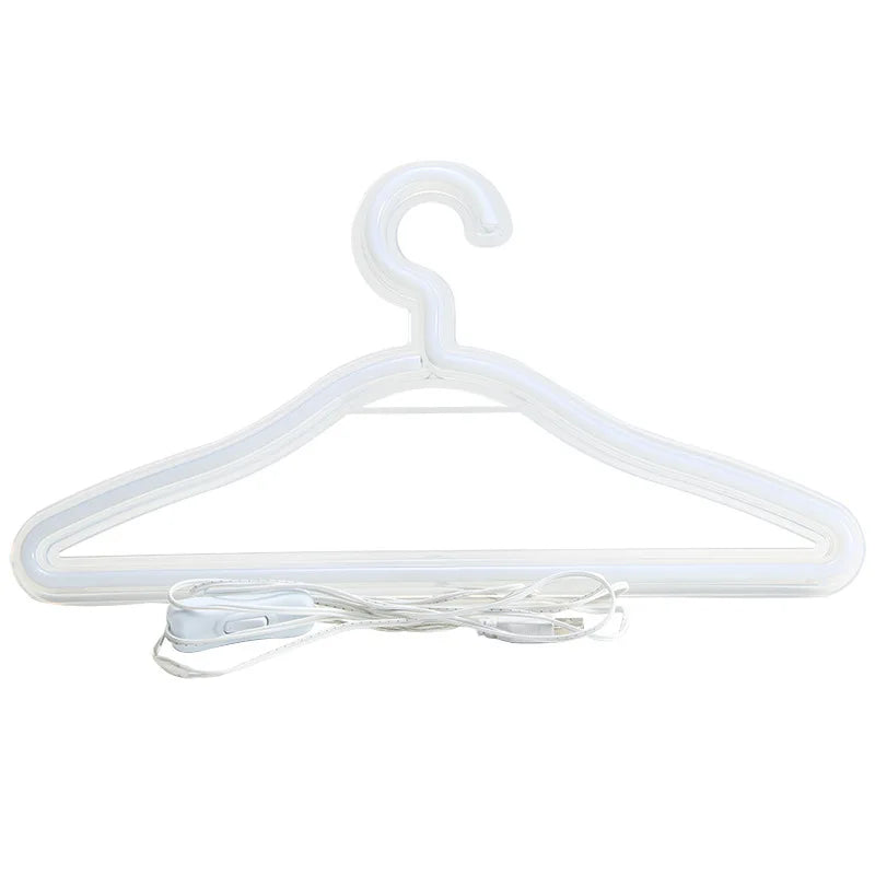 LED Glowing Clothes Hanger unlit on a white background, showing its frame, hook and attached power cable