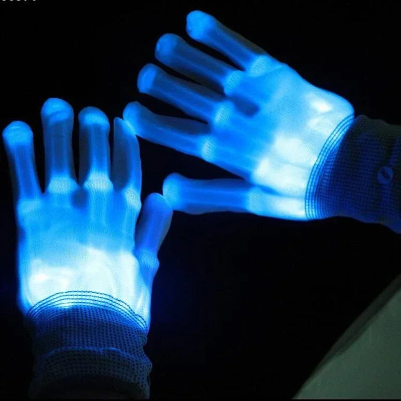 LED Glowing Skeleton Gloves in blue, shown on two raised hands with the knit cuffs visible.