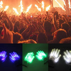 LED Glowing Skeleton Gloves concert-themed collage with a crowd above blue, green, and white illuminated glove pairs.
