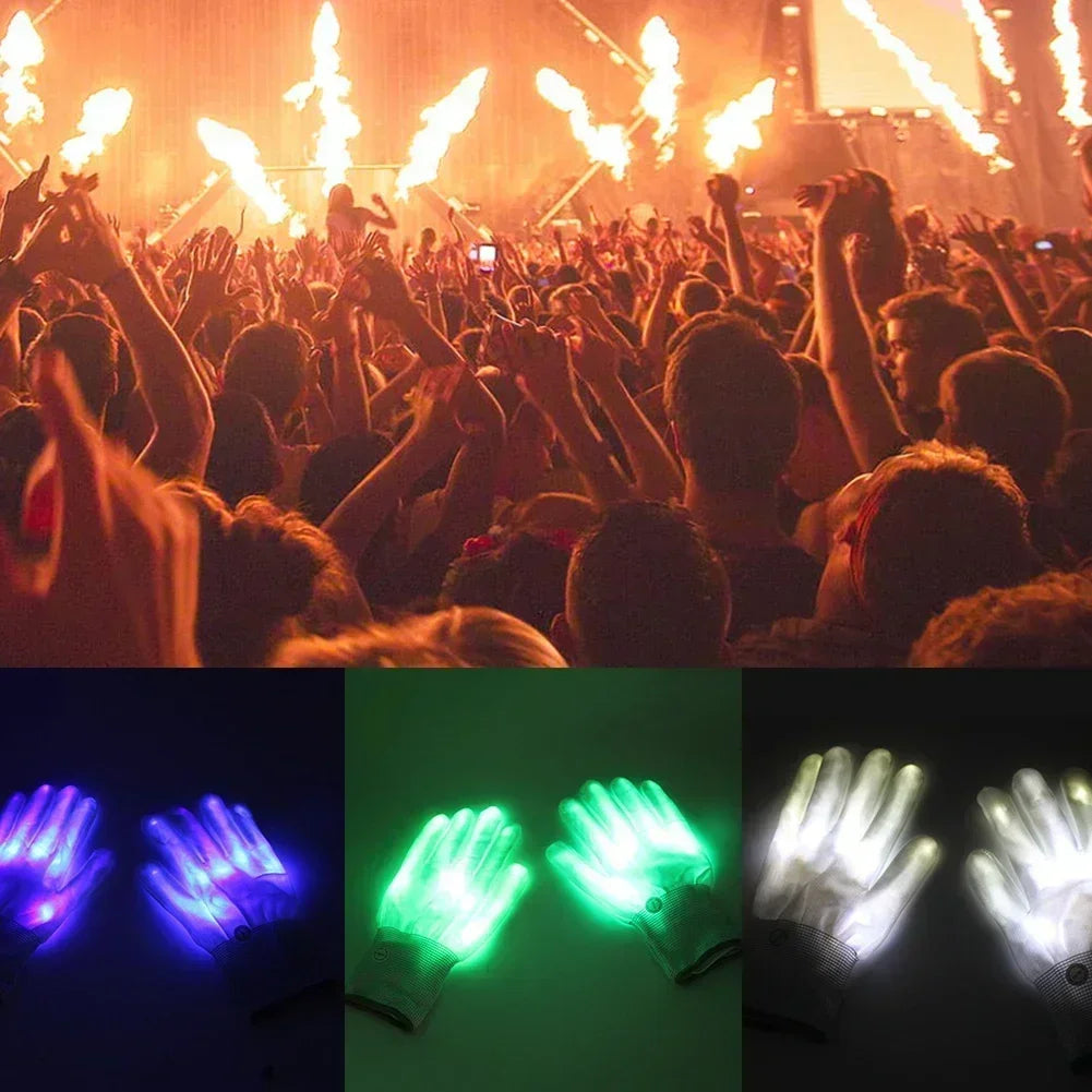 LED Glowing Skeleton Gloves concert-themed collage with a crowd above blue, green, and white illuminated glove pairs.