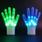 LED Glowing Skeleton Gloves shown upright with green lighting on one glove and blue lighting on the other.