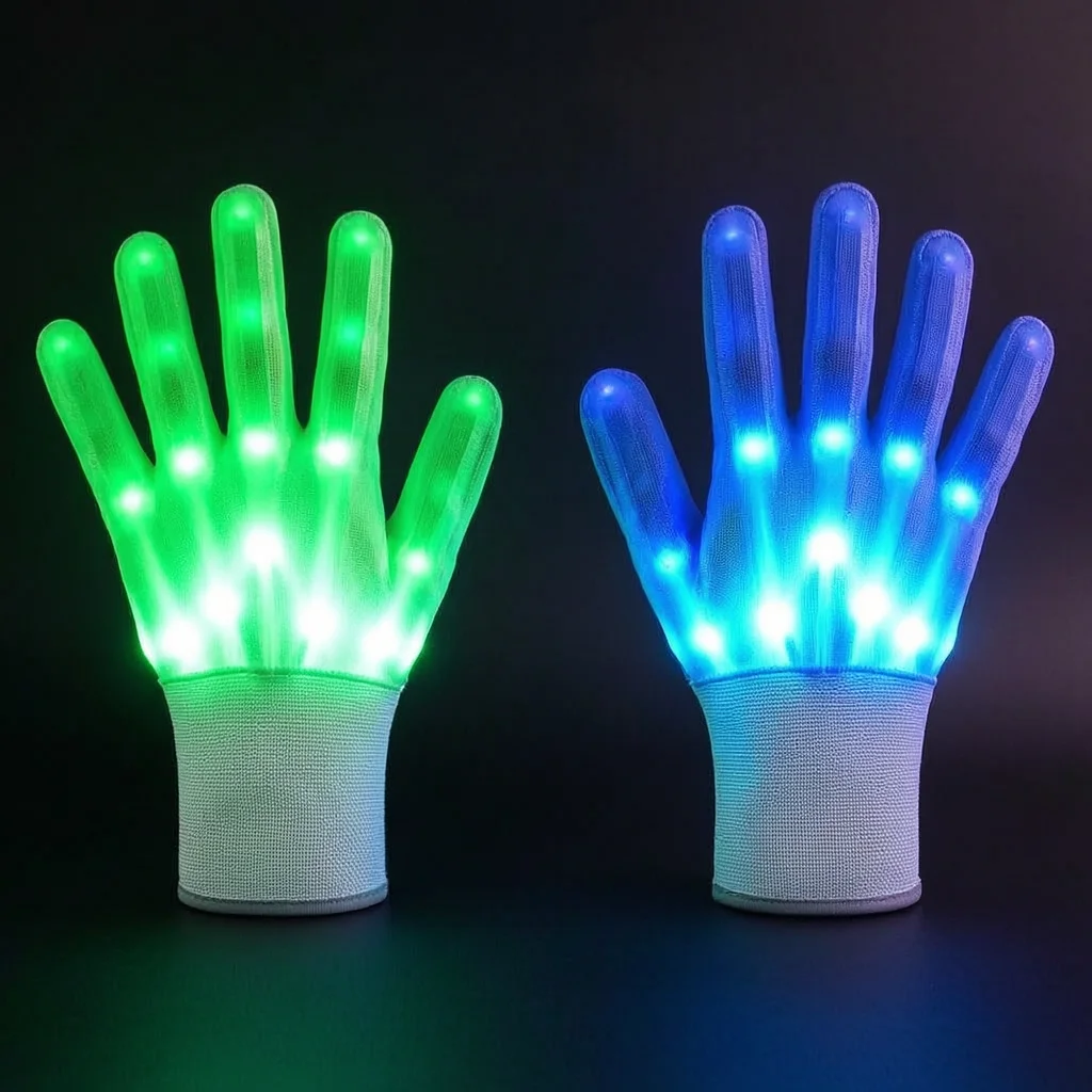 LED Glowing Skeleton Gloves shown upright with green lighting on one glove and blue lighting on the other.