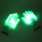 LED Glowing Skeleton Gloves green-lit pair laid flat with the knit cuffs and on/off buttons clearly visible.