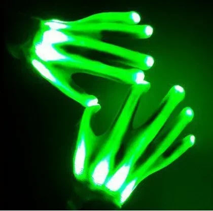 LED Glowing Skeleton Gloves in green, shown on two angled hands with bright fingertips against black.