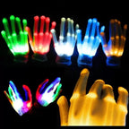 LED Glowing Skeleton Gloves collage of glowing hands in multiple colors with a close-up of yellow-lit fabric.