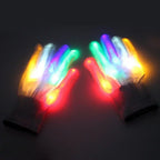 LED Glowing Skeleton Gloves multicolor pair laid flat, showing illuminated fingers and cuff-mounted buttons.