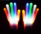 LED Glowing Skeleton Gloves with multicolor illuminated fingers, shown as a pair against a black background.